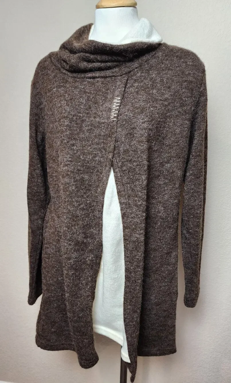 Yak & Yeti Nepal Sweater Women Large Brown Cowl Neck Front Slit Minimal Bohemian